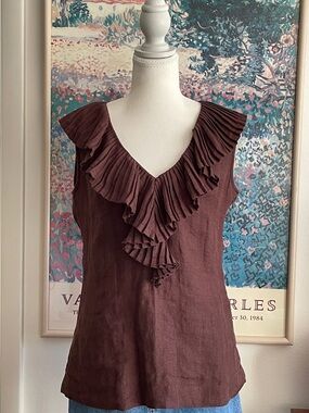Tory Burch Brown Ruffle V-Neck 100% Linen Blouse Size Medium Boho Minimalist
